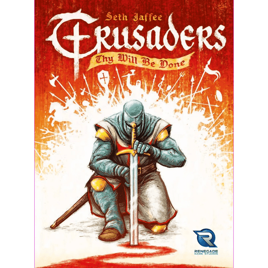 The cover art for Crusaders: Thy Will Be Done by Renegade Game Studios features a knight kneeling with his sword downward, set against a backdrop of stylized weapons and a red-to-white gradient, with the title and designer’s name above.