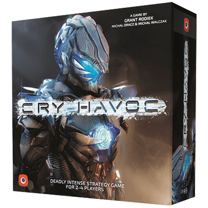 The box for Cry Havoc by Portal Games depicts a futuristic armored robot with glowing blue lights and the title on the front. It notes this is an area control war game for 2–4 players.