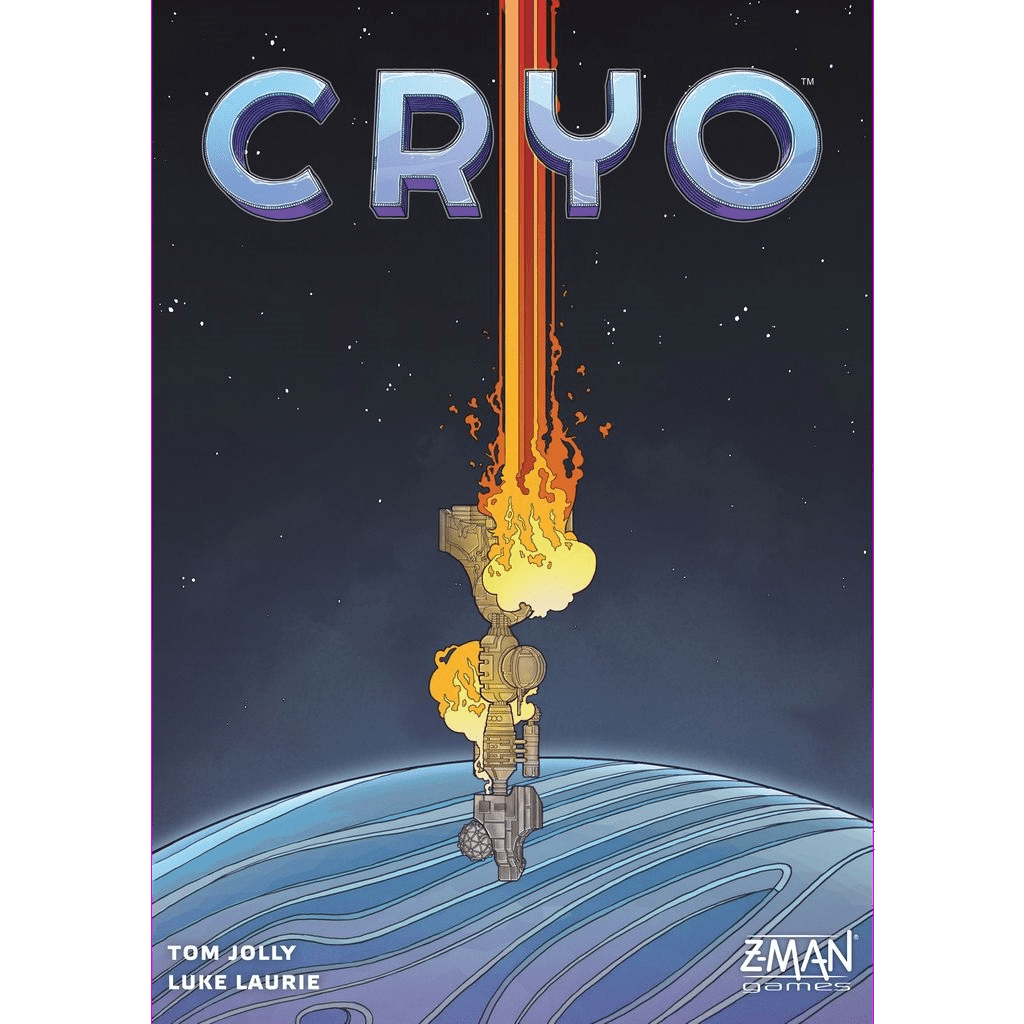 The Cryo board game by Z-Man Games features a cover with a flaming spacecraft crashing onto a blue planet, the bold metallic CRYO title above, and creators’ names below—hinting at thrilling worker placement and engine-building gameplay.