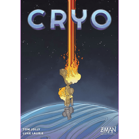 The Cryo board game by Z-Man Games features a cover with a flaming spacecraft crashing onto a blue planet, the bold metallic CRYO title above, and creators’ names below—hinting at thrilling worker placement and engine-building gameplay.