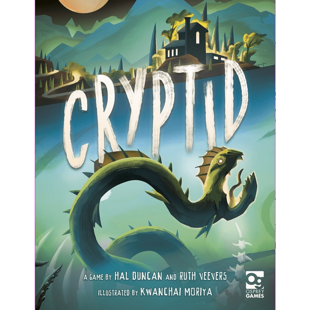 The cover of Osprey Games’ deduction game Cryptid features a green sea serpent in a misty setting with trees and a house. The large white title credits Hal Duncan, Ruth Vevers, and illustrator Kwanchai Moriya.