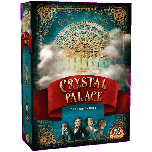 The Crystal Palace NL board game by White Goblin Games features a steampunk glass palace, ornate gold gears, and four historical figures from the 1851 wereldtentoonstelling, with the title on a red ribbon across this diceplacement spel.
