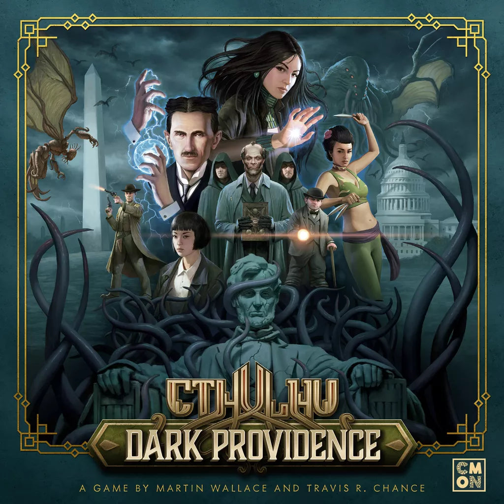 A diverse group, including a Nikola Tesla lookalike, stands ready amid tentacles and ancient statues in Cool Mini Or Not’s Cthulhu: Dark Providence, with a winged creature near the US Capitol creating an ominous atmosphere.