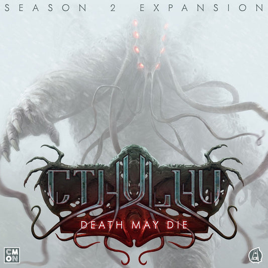 A monstrous creature with glowing red eyes looms in mist behind the stylized Cthulhu: Death May Die Season 2 Expansion title on a dark board game cover from Cool Mini Or Not, featuring new investigators.