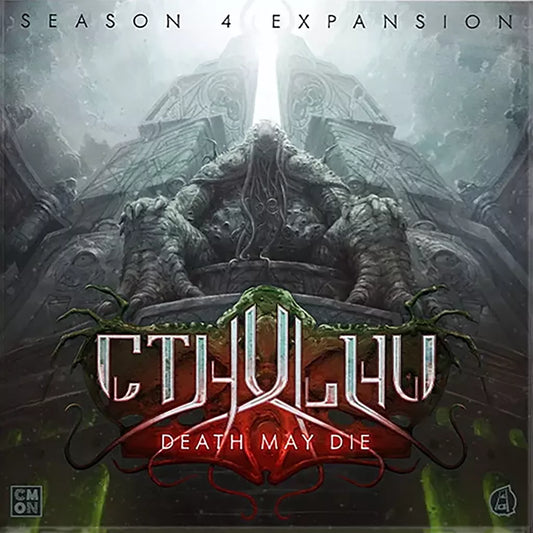 Dark, ominous art of a towering, tentacled structure sets the tone for Cool Mini Or Not’s Cthulhu: Death May Die Season 4 Expansion, with "Season 4 Expansion" above and the title boldly below.