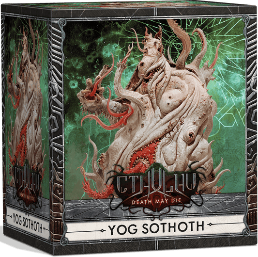 The box art for Cool Mini Or Not’s Cthulhu: Death May Die: Yog–Sothoth Elder Box features the monstrous Yog-Sothoth, a tentacled being with numerous eyes and mouths set against a haunting, cosmic green backdrop.