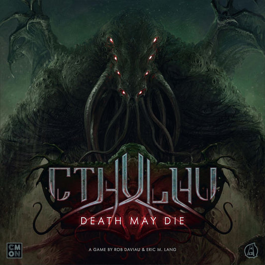 A monstrous, tentacled creature looms in dark fog with glowing red eyes. Below, the title “Cthulhu: Death May Die” by Cool Mini Or Not captures the terror of this Lovecraftian board game.
