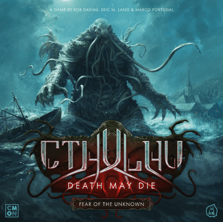 In Cthulhu: Death May Die – Fear of the Unknown by Cool Mini Or Not, a tentacled monster towers over a stormy sea and sinking ship in this H.P. Lovecraft-inspired cooperative board game.
