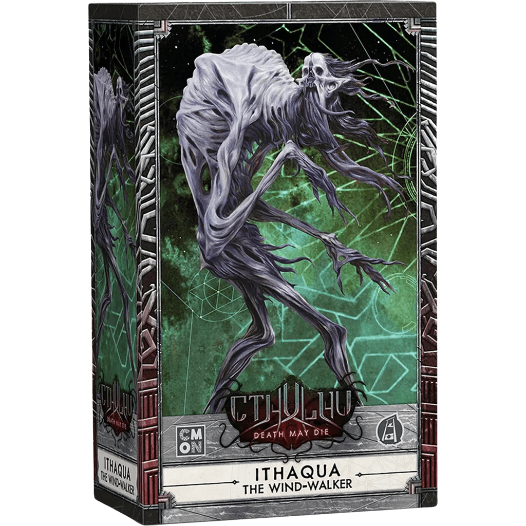 Box art for Cool Mini Or Not’s Cthulhu: Death May Die – Ithaqua the Wind-Walker Expansion depicts Ithaqua, a towering creature with elongated limbs and pale, twisted features set against a mystical green background.