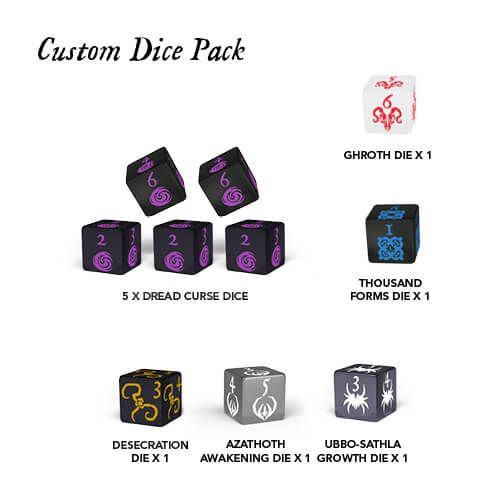 The Cthulhu Wars: Abilities Dice Pack by Petersen Games features five black and purple Dread Curse dice, plus unique dice for Azathoth, Ghroth, Thousand Forms, Desecration, Azathoth Awakening, and Ubbo-Sathla Growth.