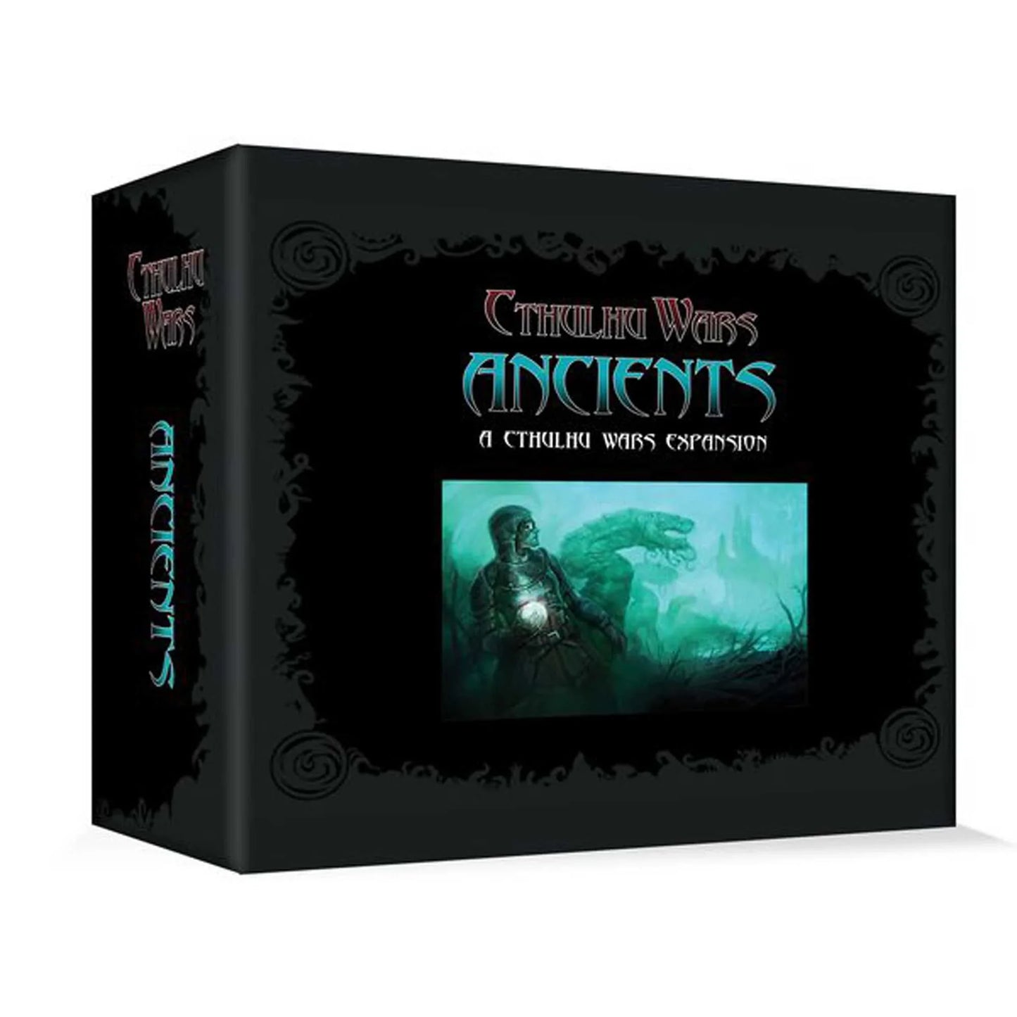 The Cthulhu Wars: Ancients Faction Expansion by Petersen Games features eerie art of a hooded figure with a glowing object and a looming monster—an ominous addition to any board game collection.