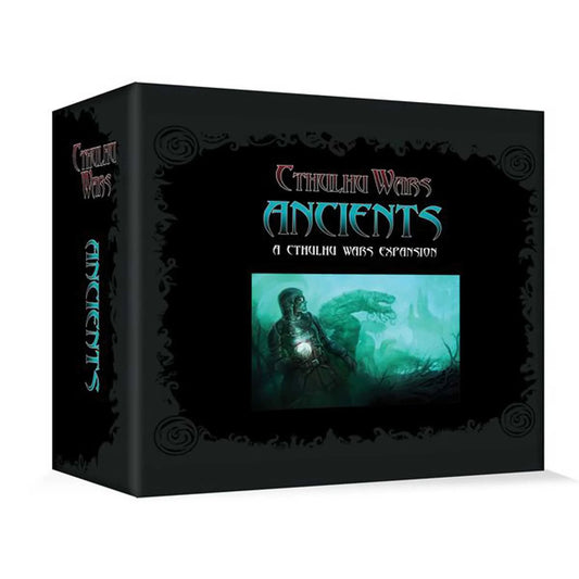 The Cthulhu Wars: Ancients Faction Expansion by Petersen Games features eerie art of a hooded figure with a glowing object and a looming monster—an ominous addition to any board game collection.