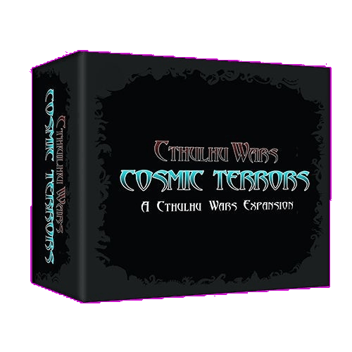 A game box titled Cthulhu Wars: Cosmic Terrors Pack by Petersen Games features stylized fonts on a dark background, ornate borders, side text, and suggests the presence of powerful neutral monsters inside.