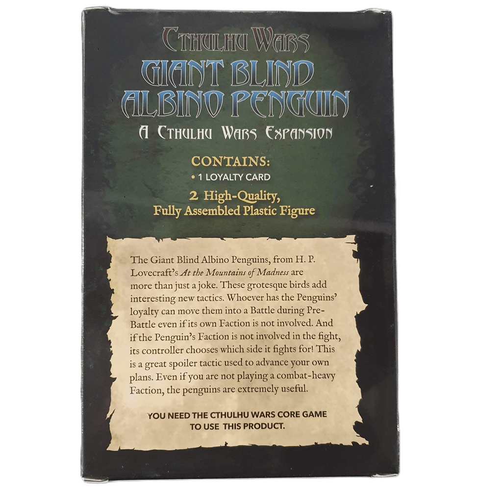 Petersen Games' Cthulhu Wars: Giant Blind Albino Penguins Expansion box features blue and green text, a description, 1 loyalty card, 2 detailed Lovecraft miniatures, and explains the expansion’s gameplay effects.