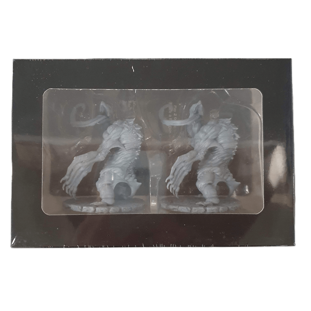 Two identical gray Giant Blind Albino Penguin miniatures from Petersen Games’ Cthulhu Wars are displayed in a black rectangular box with a clear window, capturing the eerie style of this expansion set.