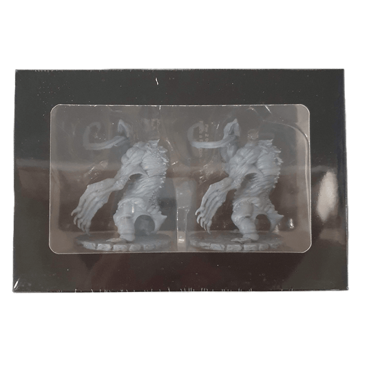Two identical gray Giant Blind Albino Penguin miniatures from Petersen Games’ Cthulhu Wars are displayed in a black rectangular box with a clear window, capturing the eerie style of this expansion set.