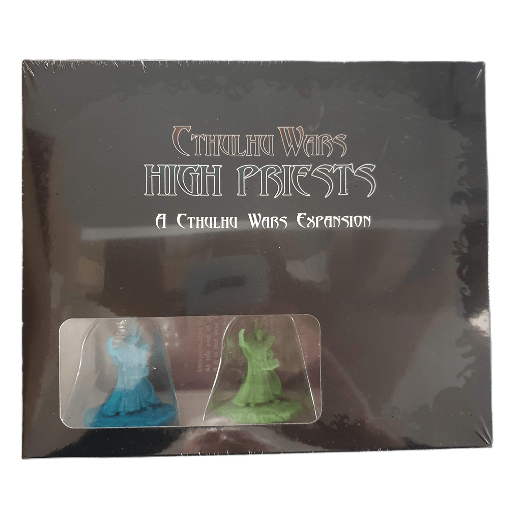 The Cthulhu Wars: High Priests Expansion by Petersen Games includes two plastic figurines (blue and green), visible through a window in the box. This board game add-on enhances your Cthulhu Wars experience.