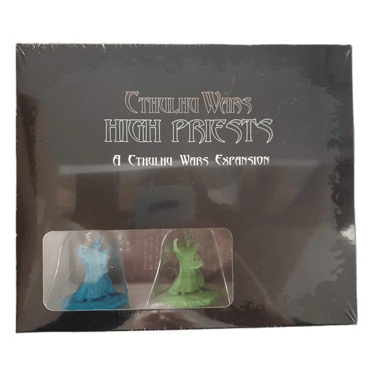 The Cthulhu Wars: High Priests Expansion by Petersen Games includes two plastic figurines (blue and green), visible through a window in the box. This board game add-on enhances your Cthulhu Wars experience.