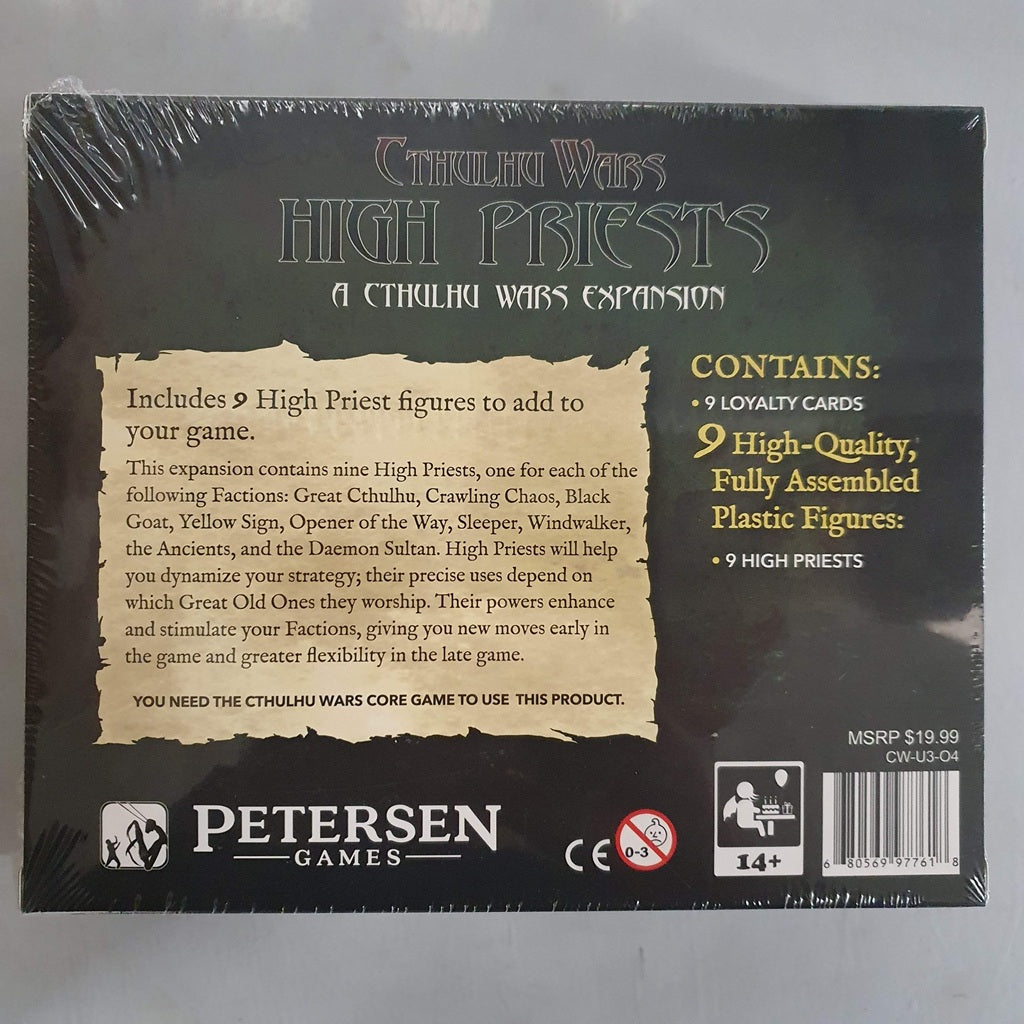 Box back of Cthulhu Wars: High Priests Expansion by Petersen Games features 9 high priest figures, 9 loyalty cards, and board game requirements. Text and logos are prominent on a dark background.