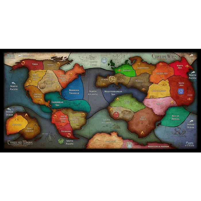 The Cthulhu Wars: Nine to Eleven Player Neoprene Earth Map (Part 1 & 2) by Petersen Games features a vibrant world map with labeled regions, seas, and continents—perfect for epic large-group games with fantastical elements.