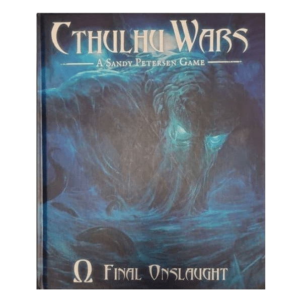 The cover of Petersen Games' Cthulhu Wars Omega Final Onslaught features a haunting, blue-tinted illustration of the monstrous Cthulhu rising from swirling mist.