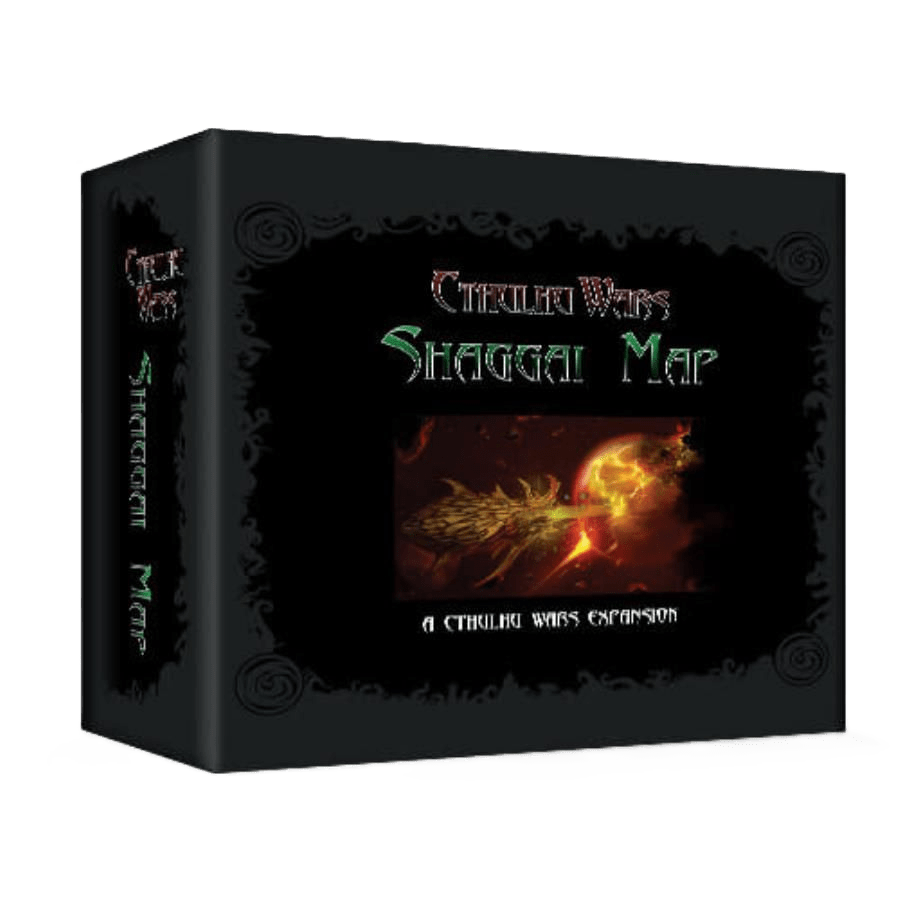 The Cthulhu Wars: Shaggai Map Expansion by Petersen Games comes in a black box with eerie red and green text, depicting Insects from Shaggai under a burning alien landscape. “Shaggai Map” is printed vertically on the side.