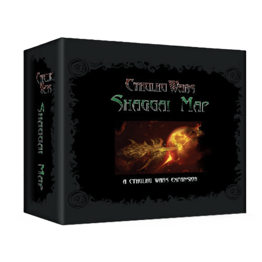 The Cthulhu Wars: Shaggai Map Expansion by Petersen Games comes in a black box with eerie red and green text, depicting Insects from Shaggai under a burning alien landscape. “Shaggai Map” is printed vertically on the side.