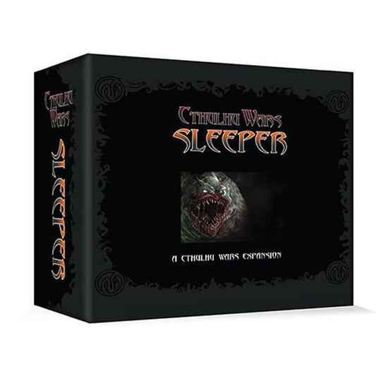 Box for Petersen Games’ Cthulhu Wars: Sleeper Faction Expansion, featuring dark cover art of Tsathoggua—a sharp-toothed monster—centered amid gothic text on a black background.