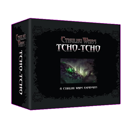 Box for Petersen Games’ Cthulhu Wars: Tcho-Tcho’s Faction Expansion, showcasing dark art of a central tentacled monster, gothic text on a black backdrop, and subtle images of lurking high priests.