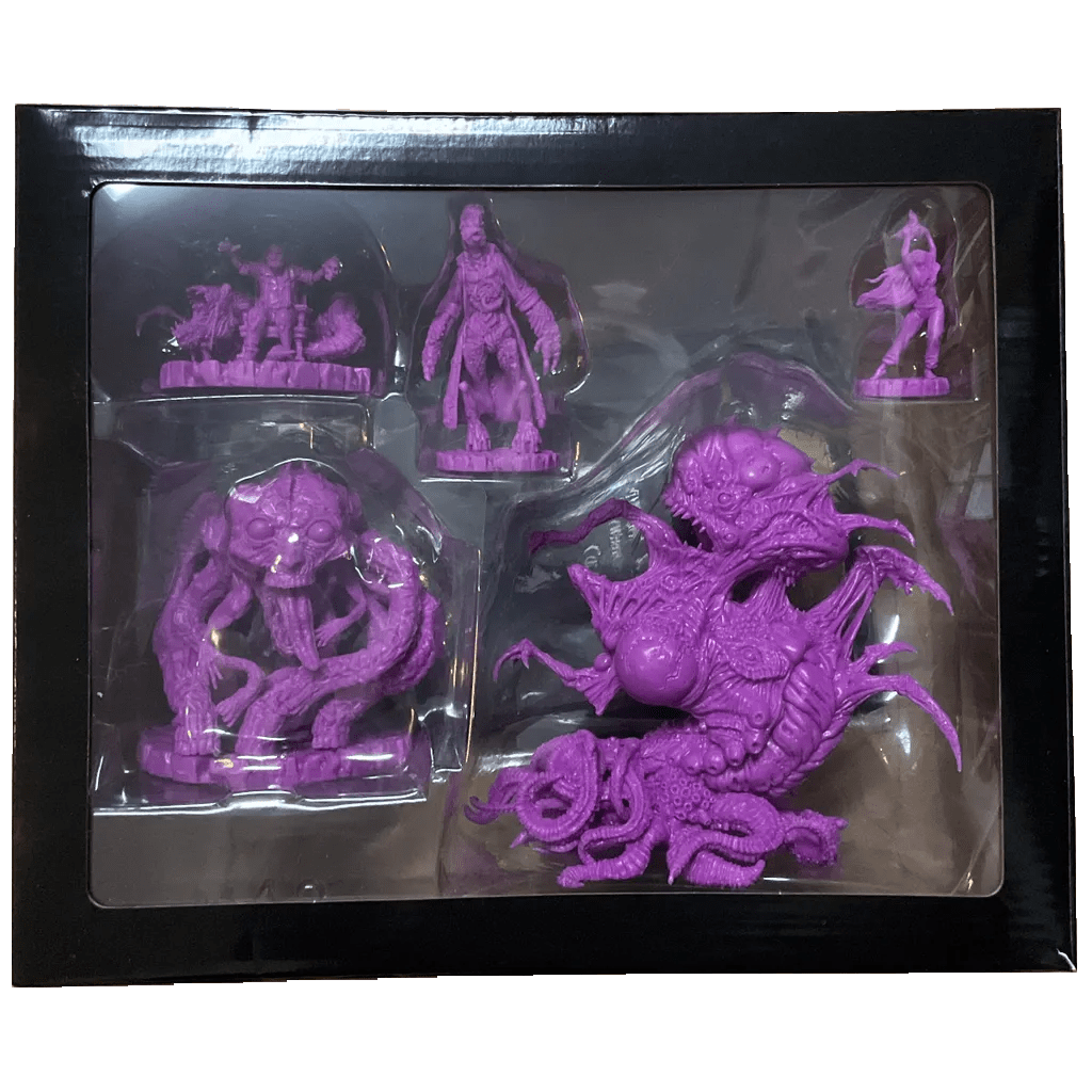 A box of five purple plastic miniatures from Petersen Games’ Cthulhu Wars: The Dunwich Horror Expansion, including the Whateley Clan and others, displayed in clear compartments.