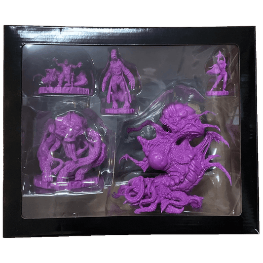 A box of five purple plastic miniatures from Petersen Games’ Cthulhu Wars: The Dunwich Horror Expansion, including the Whateley Clan and others, displayed in clear compartments.