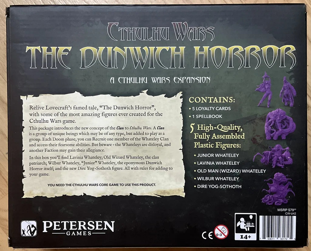 Back of the Cthulhu Wars: The Dunwich Horror Expansion box from Petersen Games, showing the Whateley Clan, game details, contents list, five purple miniatures, publisher info, loyalty cards, spellbook, and miniatures.