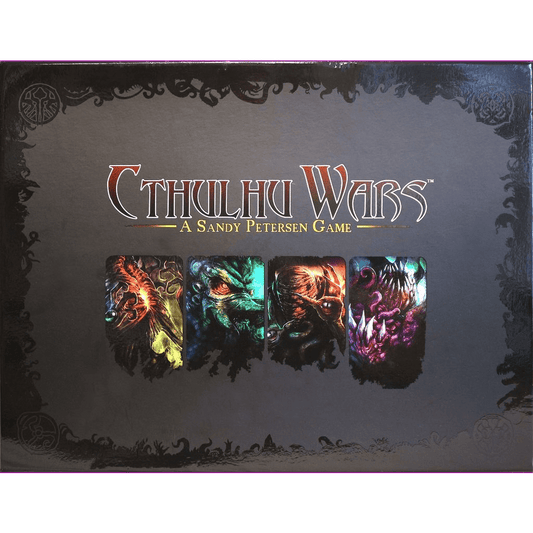 The box cover of Cthulhu Wars by Petersen Games features dark, ornate borders and four colorful illustrations of monstrous creatures from the Cthulhu mythos below the title.