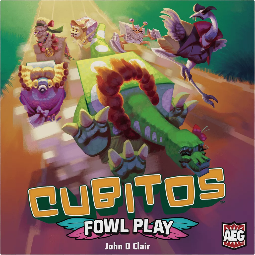 Colorful animal characters—a crocodile on rollers, a chicken with a hat, a vulture, and a costumed cow—race on a vibrant track in the Cubitos: Fowl Play Expansion by Alderac Entertainment Group, with ability cards in hand and the AEG logo visible.