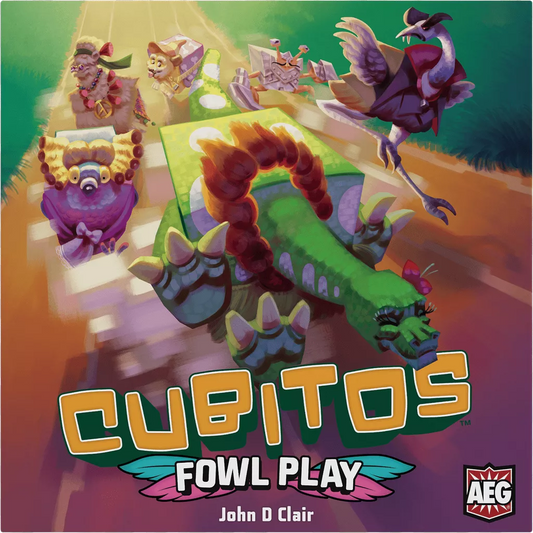 Colorful animal characters—a crocodile on rollers, a chicken with a hat, a vulture, and a costumed cow—race on a vibrant track in the Cubitos: Fowl Play Expansion by Alderac Entertainment Group, with ability cards in hand and the AEG logo visible.