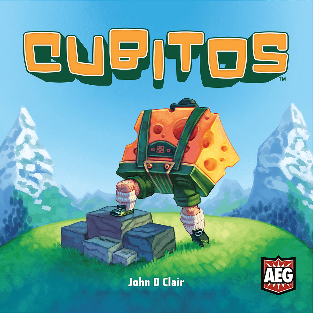 A quirky cartoon character with a cheese block torso stands on grass by rocks facing snowy mountains under the Cubitos title from Alderac Entertainment Group—inviting you into this unique board game adventure.