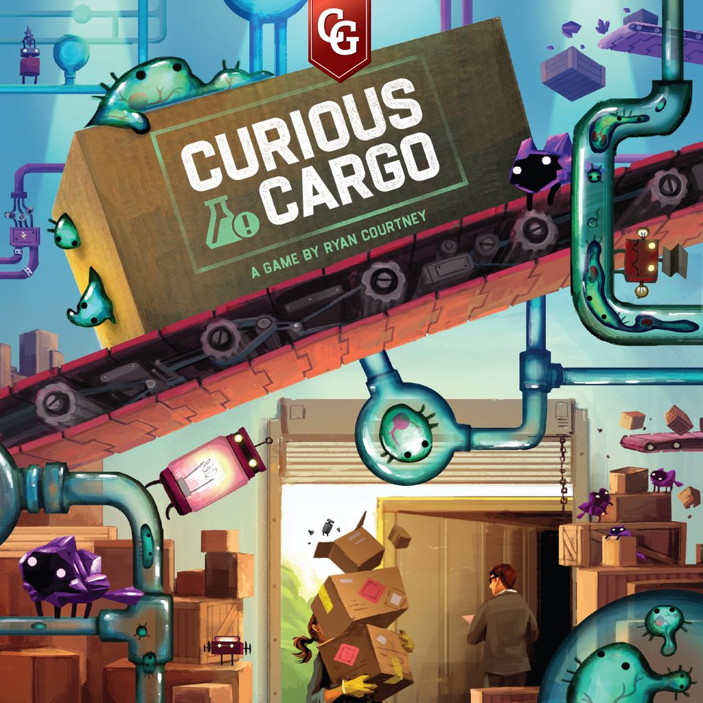 A large box labeled Curious Cargo from Capstone Games travels down a conveyor amid vibrant pipes and machines, while below, a shipping worker at the loading dock narrowly avoids falling boxes among scattered cartoon creatures and items.