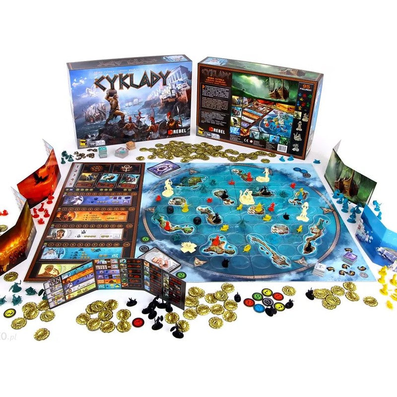 Cyclades by Matagot, designed by Bruno Cathala, includes a game board, player screens, tokens, cards, gold coins, miniatures, and a box with mythological Greek art.