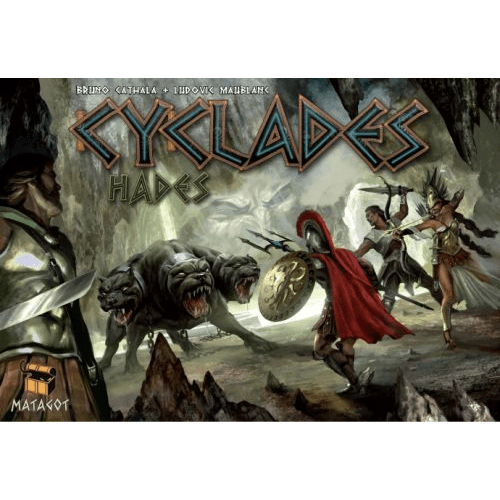 The illustrated box for Matagot’s Cyclades: Hades Expansion depicts armored warriors facing a three-headed Cerberus in a dark cave, with the expansion’s bold title displayed at the top.