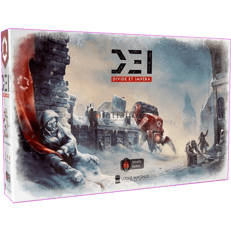 Box cover of D.E.I. (Divide et Impera) Version Francaise by Intrafin Games, showing snowy post-apocalyptic Vieux Londres with ruins, a cloaked figure, red mech, and survivors scavenging in the background.