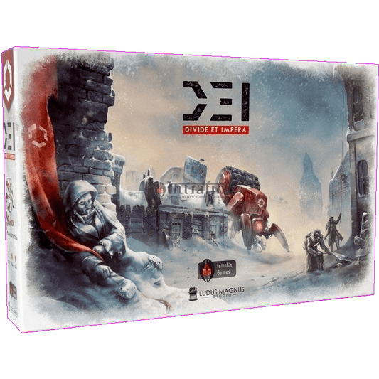 Box cover of D.E.I. (Divide et Impera) Version Francaise by Intrafin Games, showing snowy post-apocalyptic Vieux Londres with ruins, a cloaked figure, red mech, and survivors scavenging in the background.