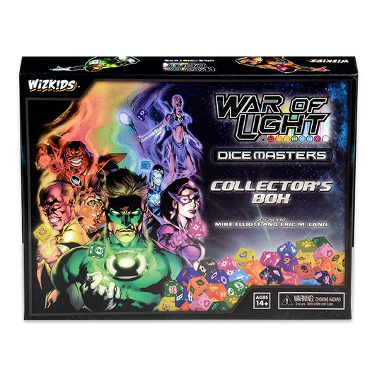 The image shows the DC Comics Dice Masters - War of Light Collectors Box by WizKids, featuring colorful DC Comics characters and dice; recommended for ages 14+ with a choking hazard warning.