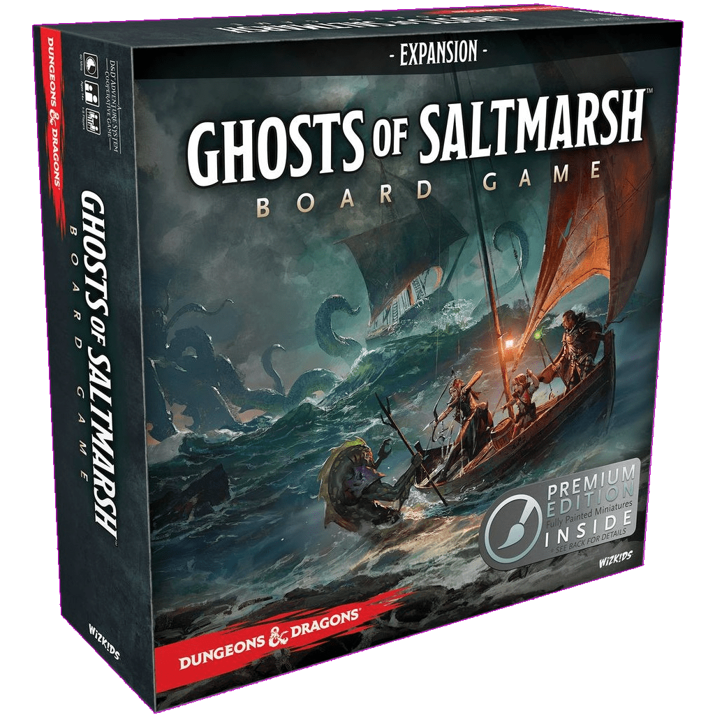 The D&D Ghosts of Saltmarsh Board Game Premium Edition by Wizkids features adventurers fighting a sea monster on stormy seas, with Adventure System branding and a Premium Edition Inside label visible on the box.
