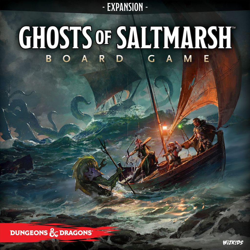 A fantasy scene of adventurers in a wooden boat fighting tentacled sea monsters under stormy skies, promoting the Wizkids D&D Ghosts of Saltmarsh Board Game Standard Edition.