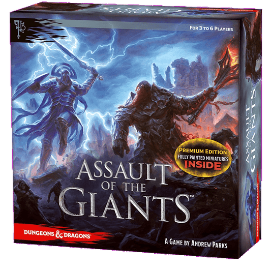 The box cover of Wizkids' D&D Assault of the Giants Board Game Premium Edition depicts two giant armies battling in a storm, with a gold sticker highlighting "Premium Edition: Fully Painted Miniatures Inside.