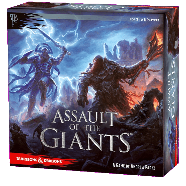 The image shows the box cover of Wizkids' D&D Assault of the Giants Board Game Standard Edition, featuring two giants clashing in a stormy mountain scene. This board game is designed for 3 to 6 players.