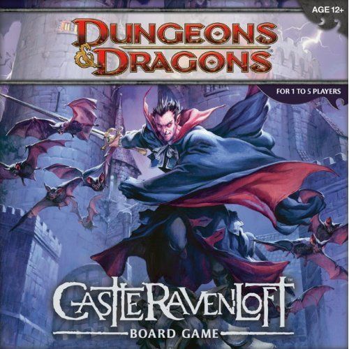 The cover art for the D&D Castle Ravenloft Boardgame by Wizards of the Coast shows a caped vampire lord surrounded by bats leaping before a gothic castle, highlighting its cooperative D&D gameplay and game details.