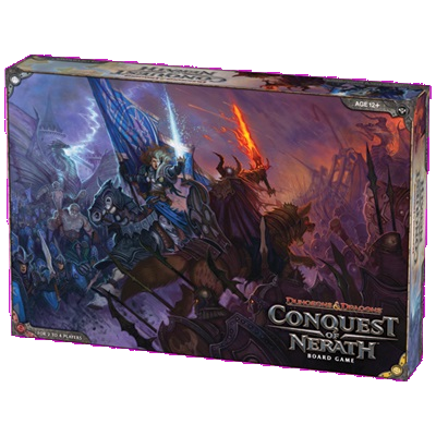 The image displays the box for D&D Conquest of Nerath Board Game by Wizards of the Coast, featuring cover art with warriors, monsters, and magic in battle, and the game's title shown prominently.