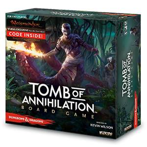 The Wizkids D&D Tomb Of Annihilation Board Game Premium Edition features a striking box with an armored figure and serpent in a shadowy jungle, plus a highlighted exclusive adventure code inside.