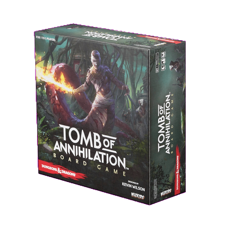 The image shows the box for the Wizkids D&D Tomb Of Annihilation Board Game Standard Edition, featuring a jungle scene with a mummy-like figure and large snake, with the title displayed on this D&D Adventure System board game.